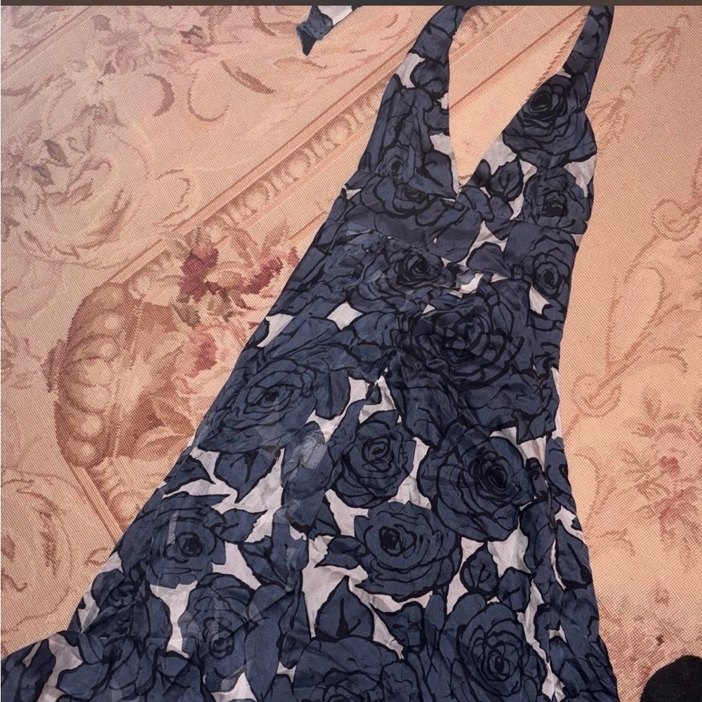 Adam Lippes Navy Rose Sill Halter Maxi Dress